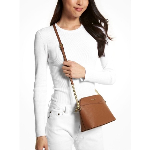 Michael Kors Jet Set Travel Medium Dome Leather Crossbody Luggage Brown - Picture 3 of 9